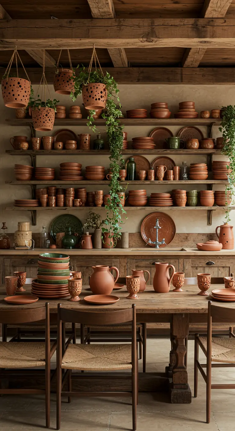 Cocina rústica con estanterías de madera repletas de vajilla de terracota.