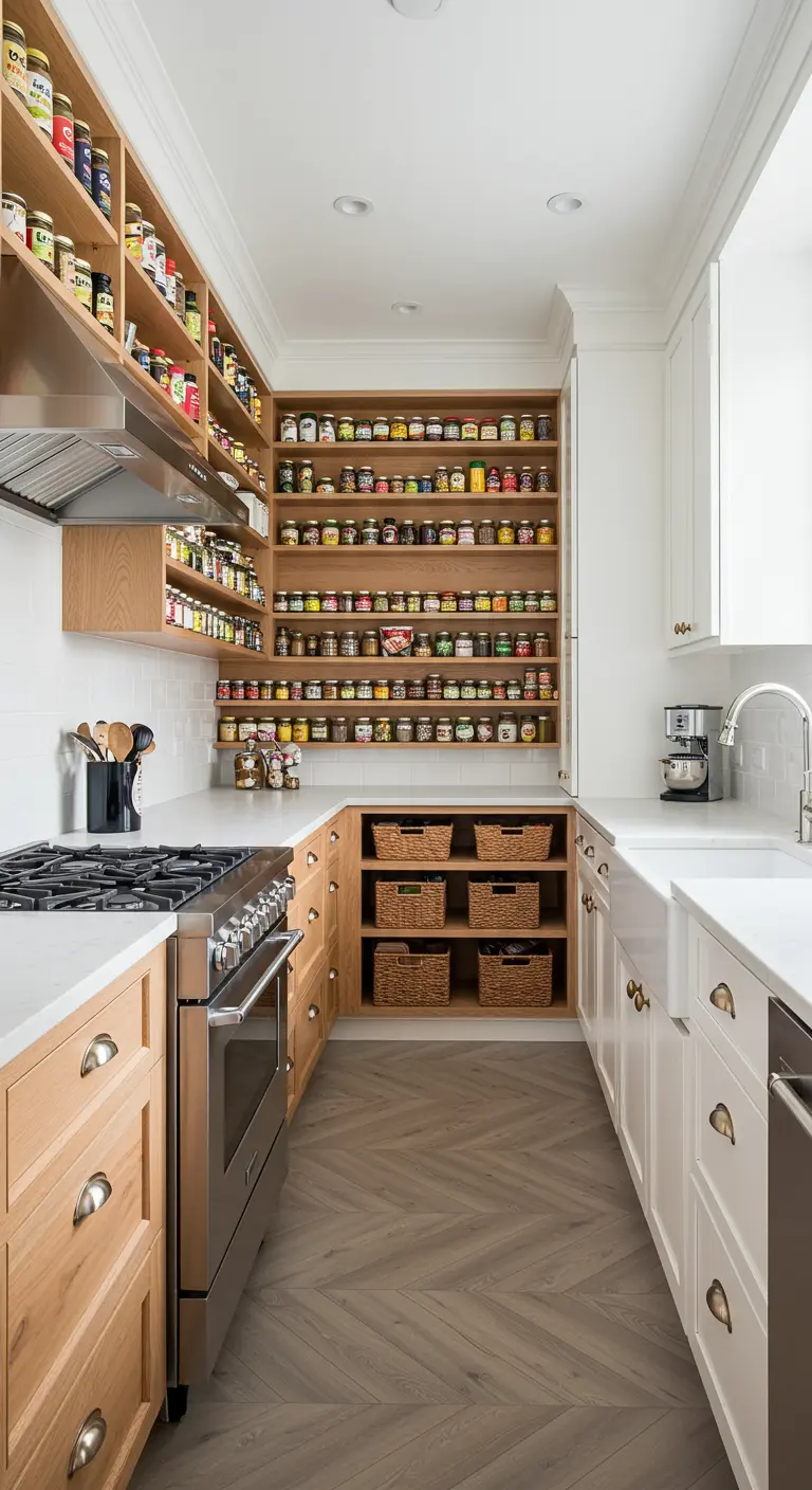 Esquina de una cocina con estanterías de madera en forma de L llenas de botes de especias.