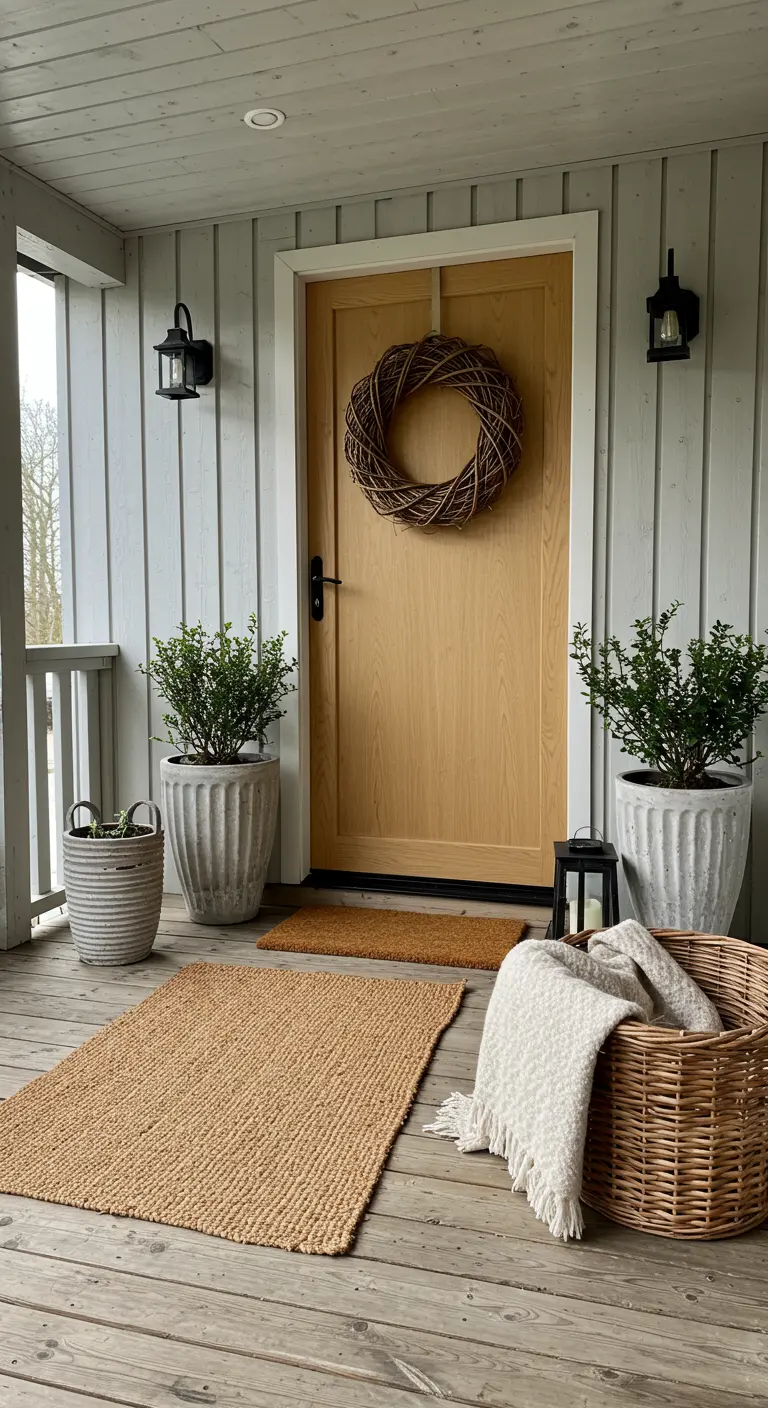 Porche de madera con alfombra de yute, cestas de mimbre y una corona de ramas en la puerta.