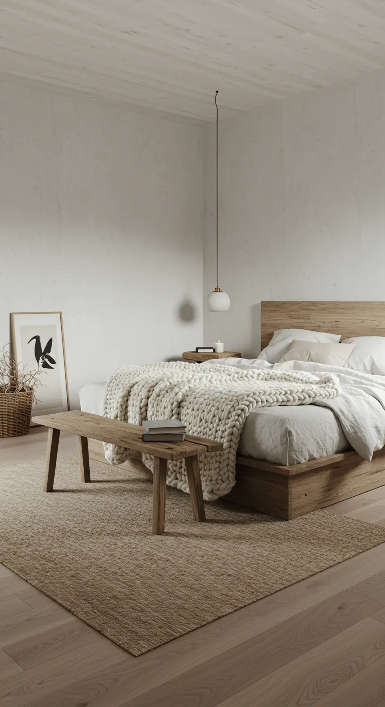 Dormitorio rústico con manta de punto grueso sobre una cama de madera y banco
