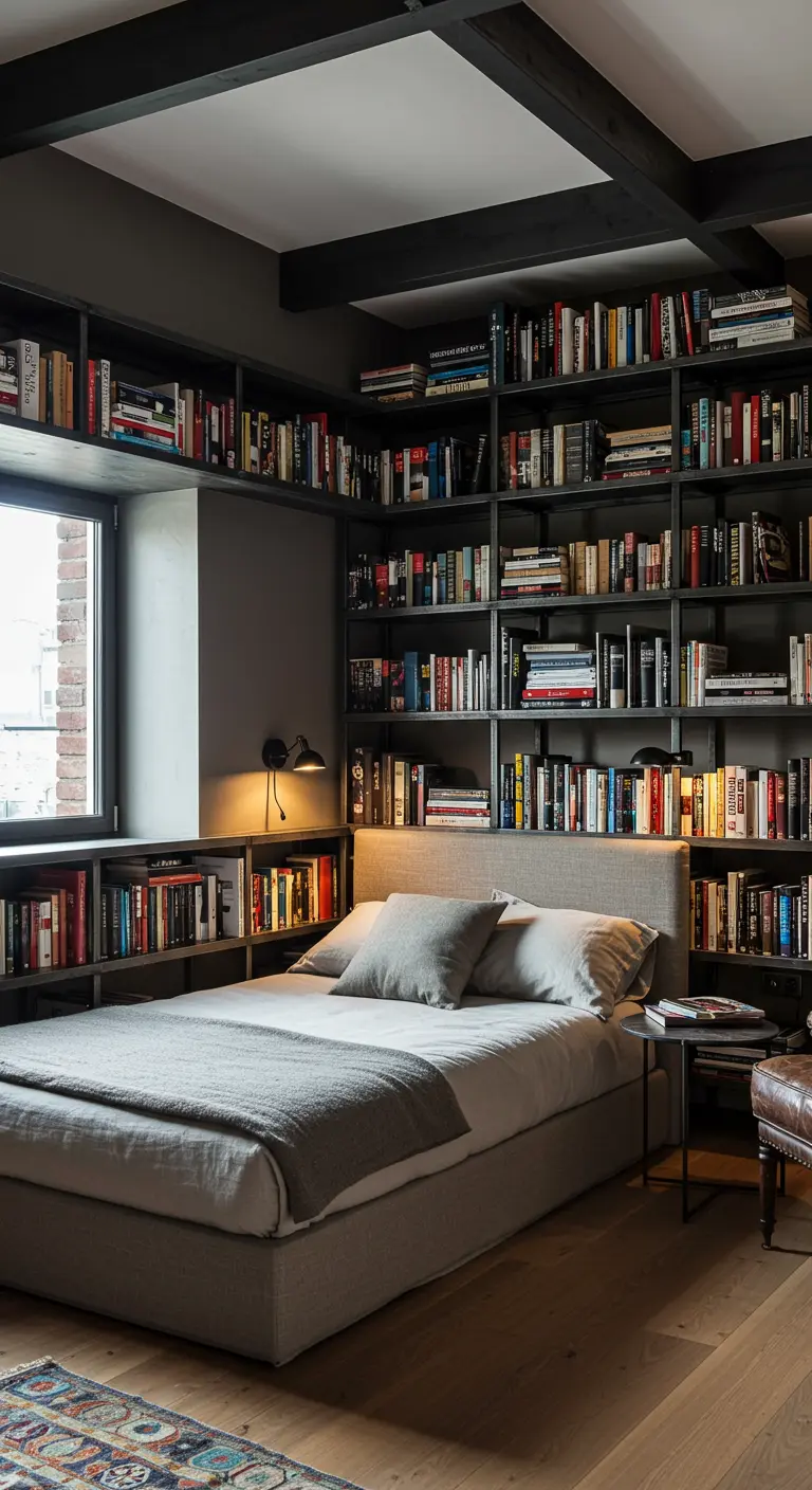 Cama integrada en una estantería llena de libros que ocupa toda la pared