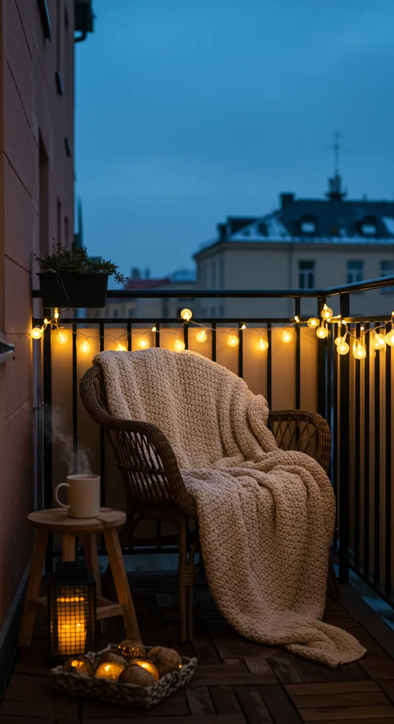 Balcón urbano de noche con silla de mimbre, manta de punto y guirnalda de luces cálidas.