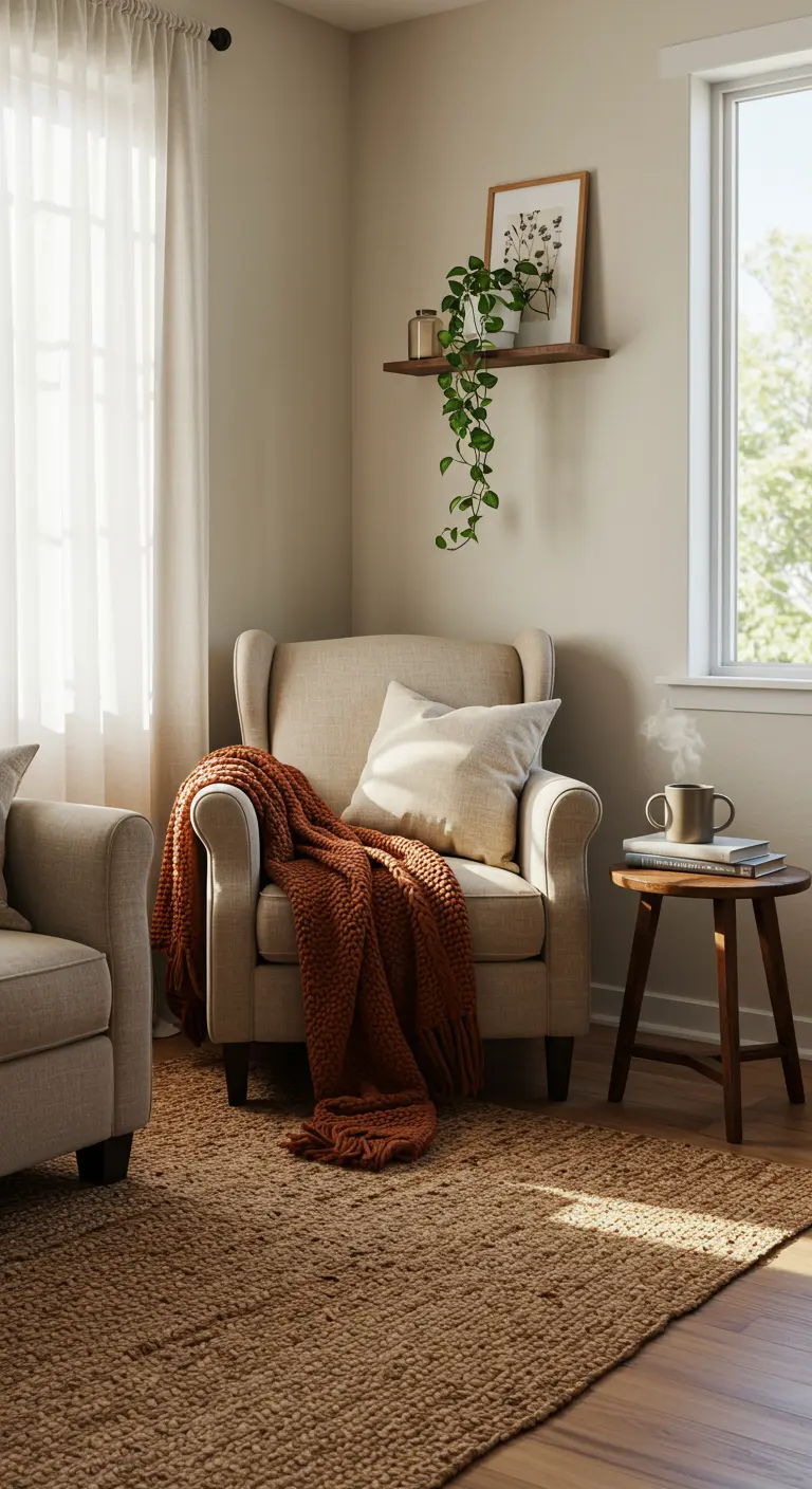 Rincón de lectura con sillón beige, manta terracota tejida y alfombra de yute.
