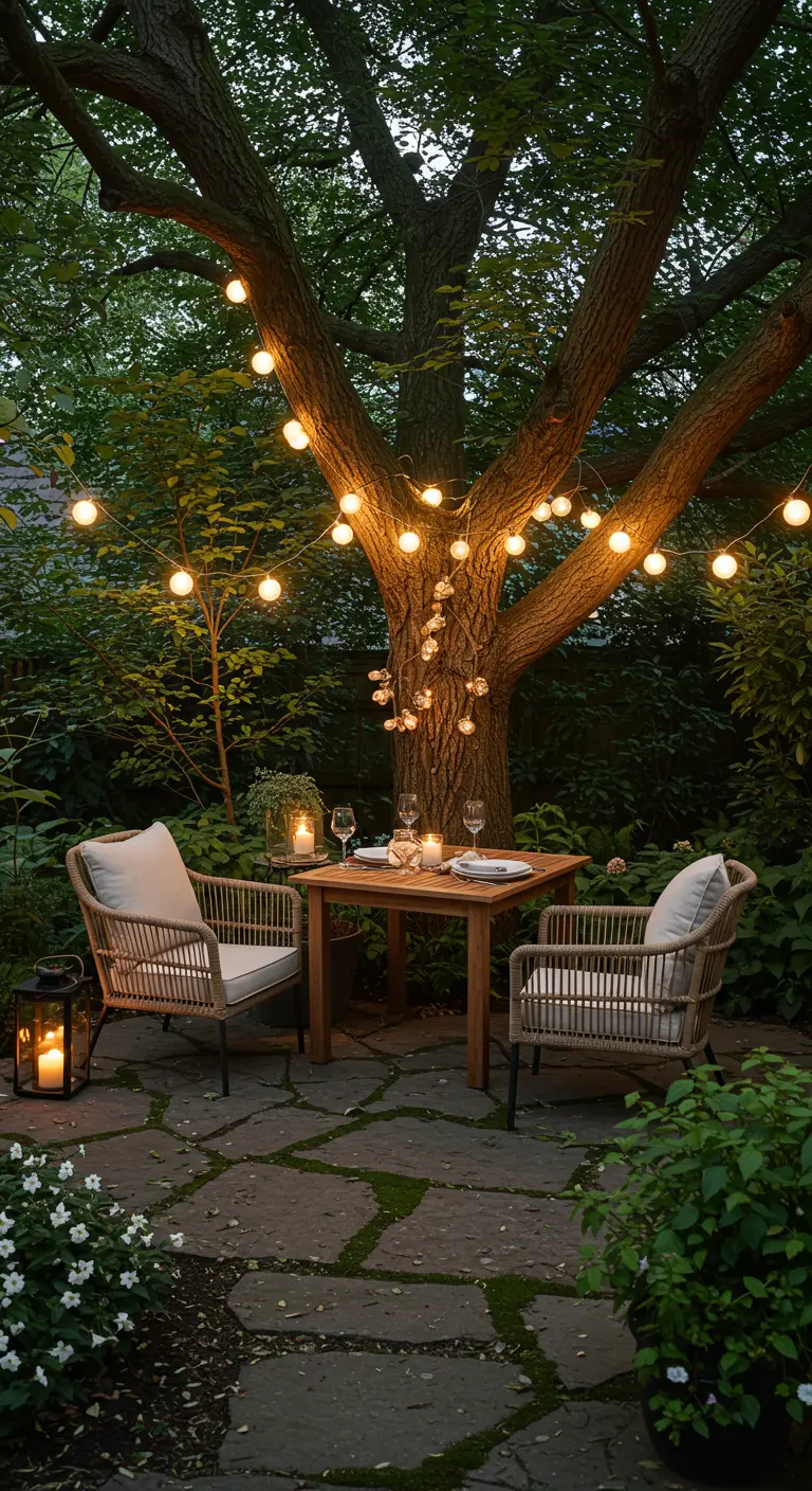 Rincón íntimo en un jardín con luces colgando de un gran árbol y una mesa de madera.