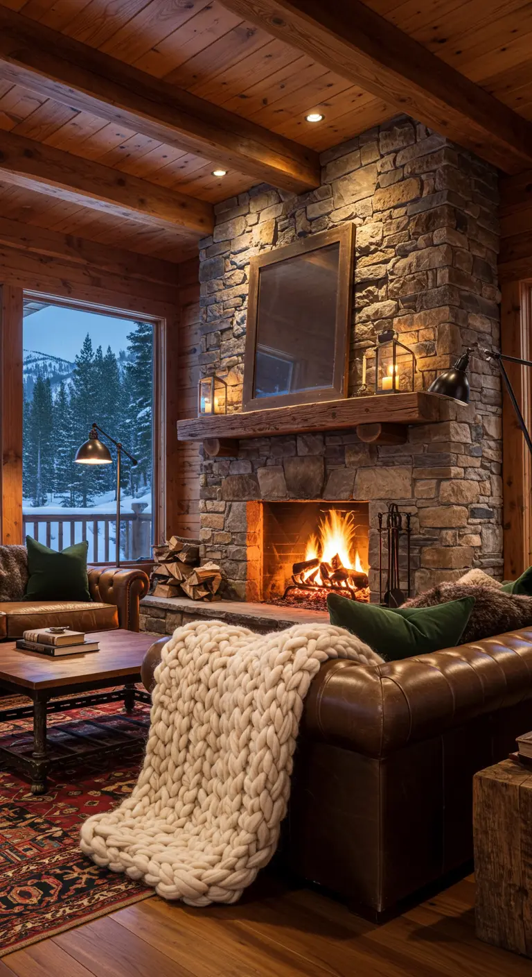 Sala rústica con chimenea de piedra y manta de lana gruesa en el sofá de cuero.
