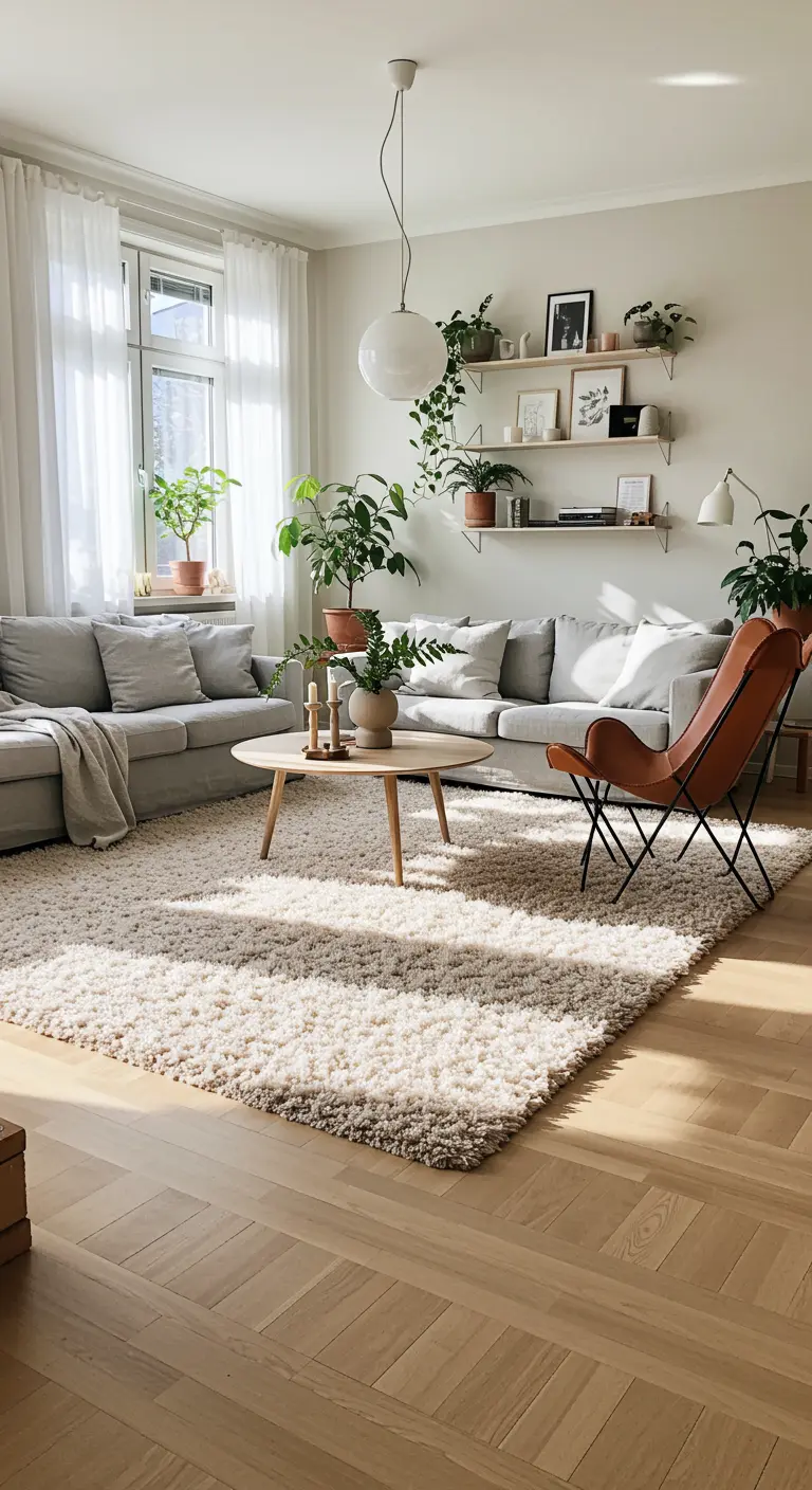 Sala de estar de estilo escandinavo con una gran alfombra de pelo alto en color crema.