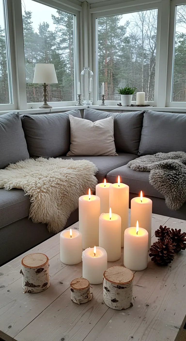 Porche de estilo nórdico muy acogedor con un sofá gris, muchas mantas y un grupo de velas.