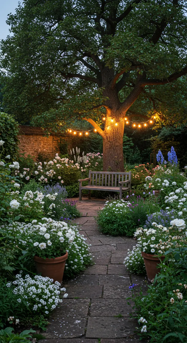 Jardín con un gran árbol iluminado con guirnaldas de luces, un banco de madera y flores blancas.