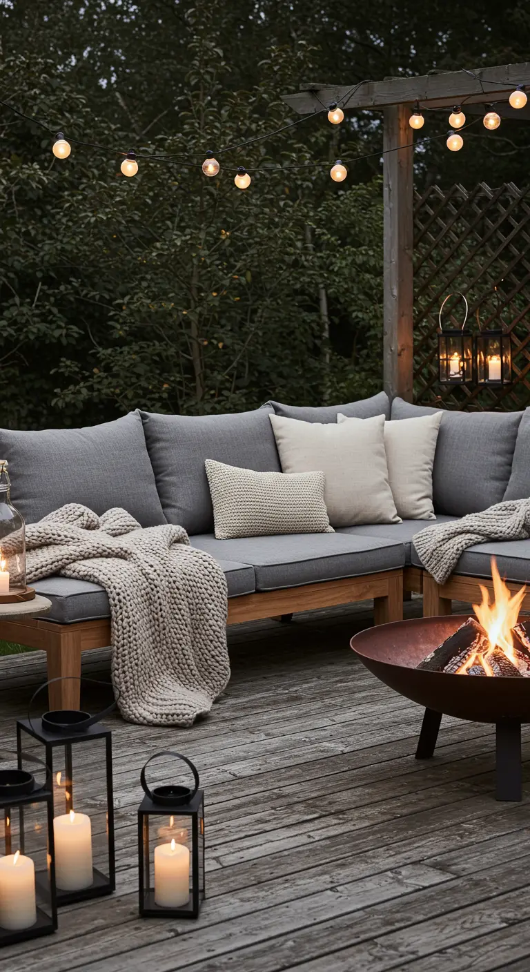 Patio de madera con sofá gris, mantas de punto, guirnaldas de luces y un brasero de acero negro