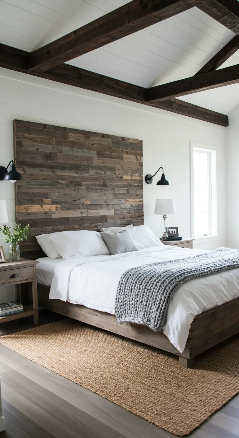 Cabecero alto de madera recuperada en tonos oscuros en un dormitorio con paredes blancas y vigas de madera