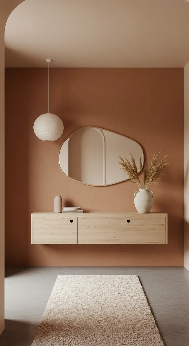 Recibidor minimalista con pared terracota, consola flotante y espejo orgánico