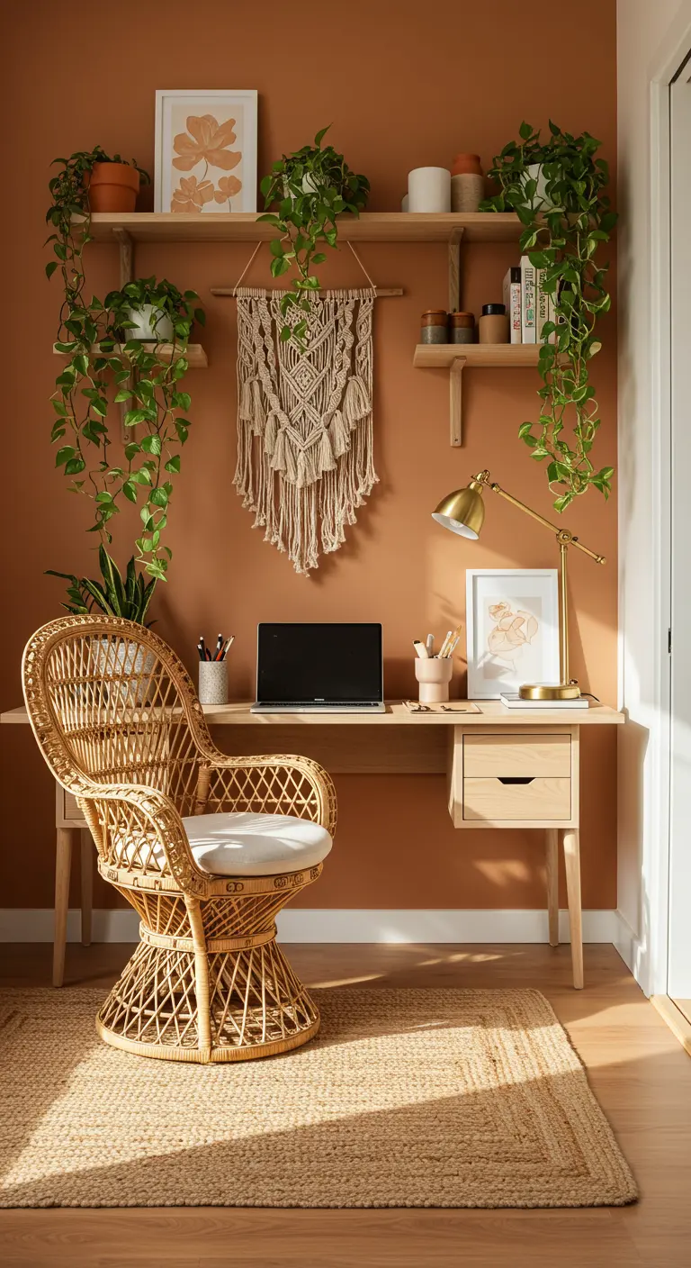 Oficina en casa bohemia con pared terracota, silla de ratán y plantas colgantes.