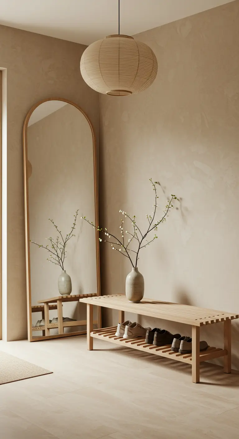 Recibidor de estilo Wabi-Sabi con paredes texturizadas, banco de madera y espejo en arco.