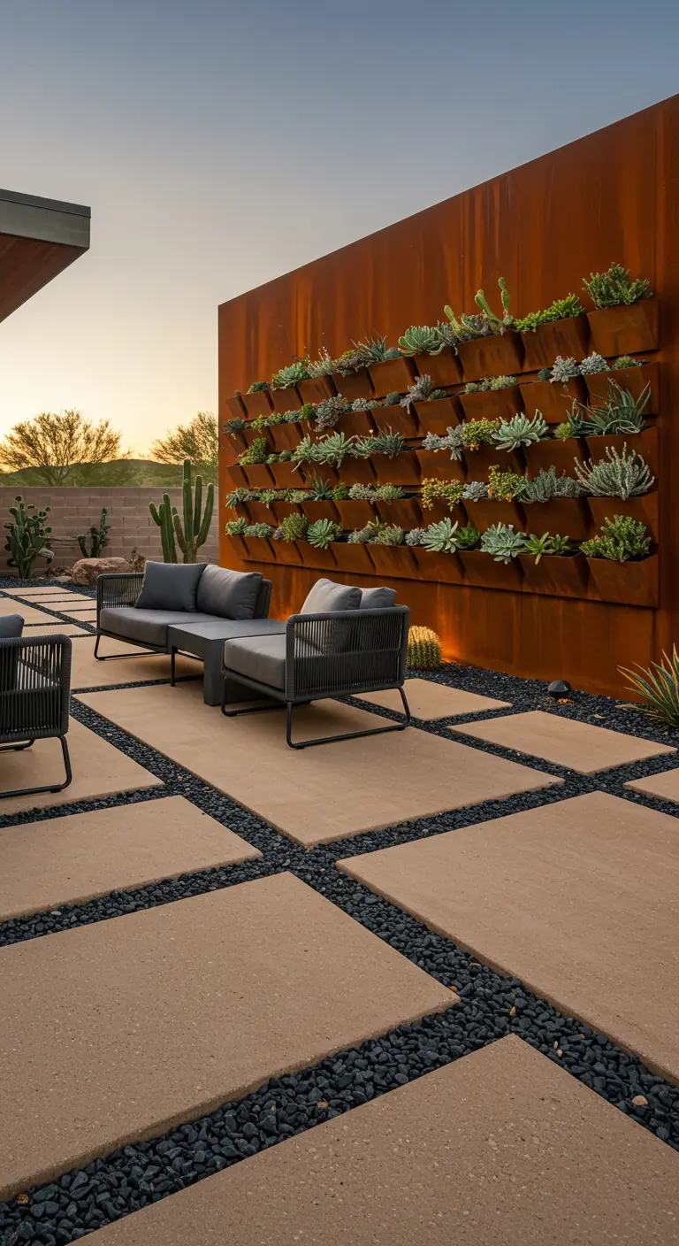 Patio desértico con pared de acero Corten oxidado convertida en jardinera de suculentas.