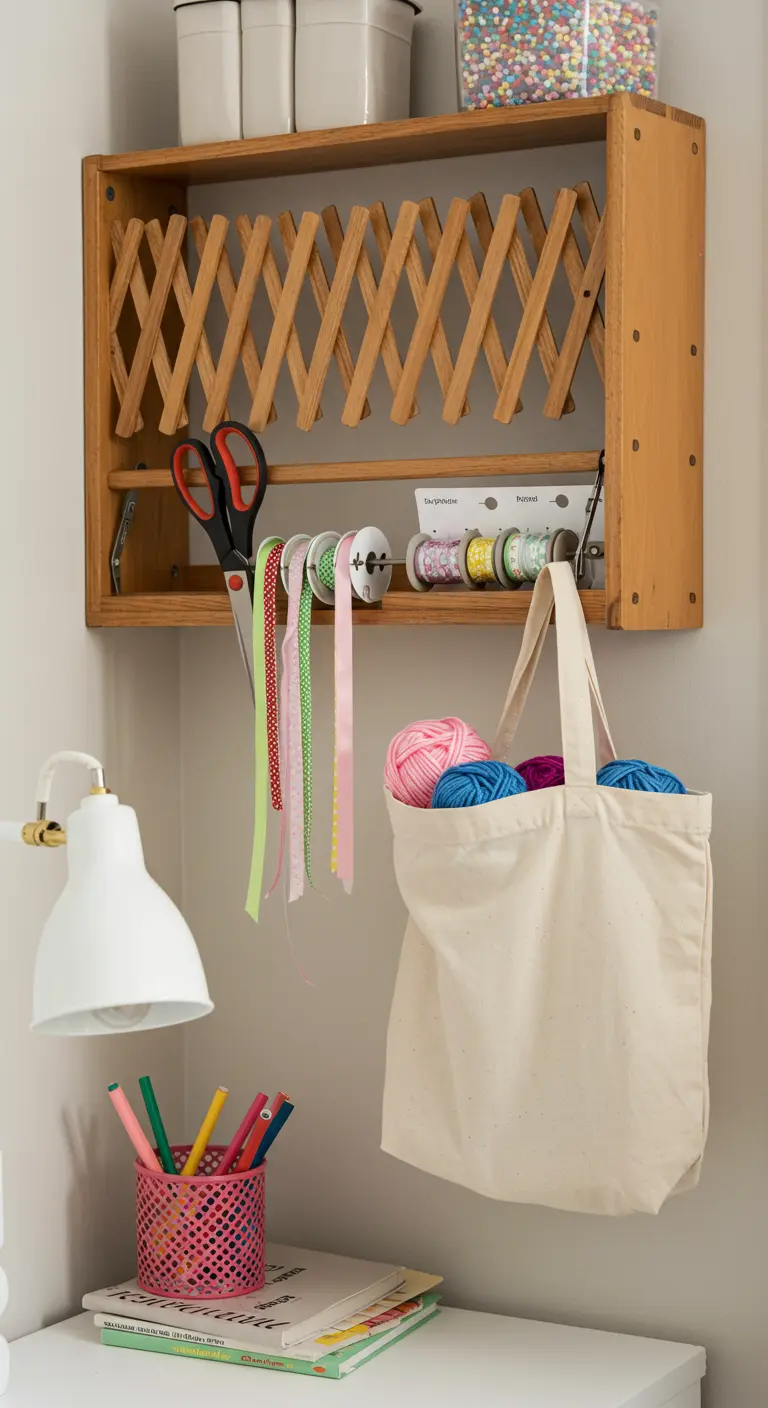 Perchero de madera de estilo acordeón con material de manualidades colgado.