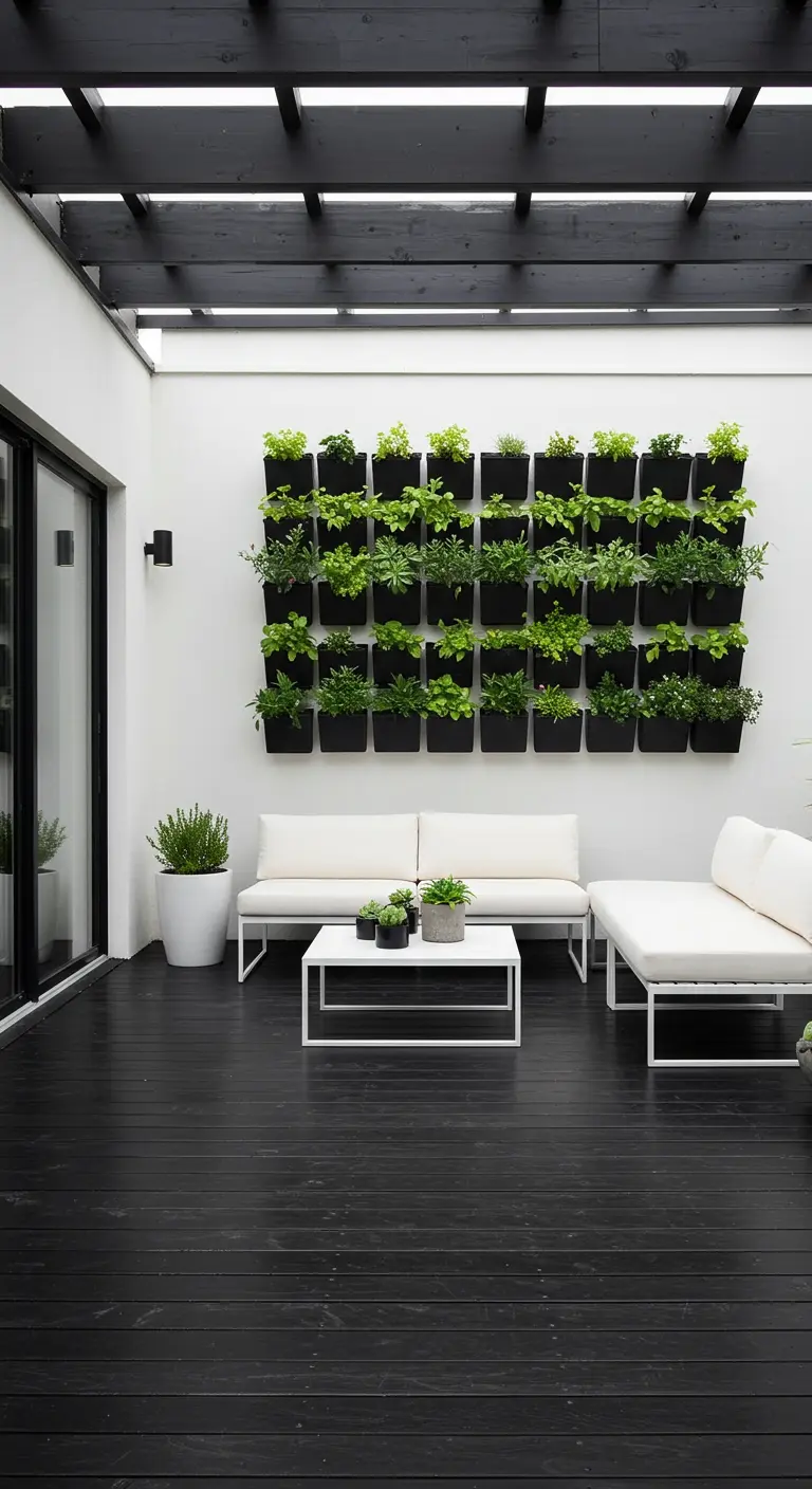 Patio minimalista en blanco y negro con un jardín vertical en retícula y una pérgola oscura.