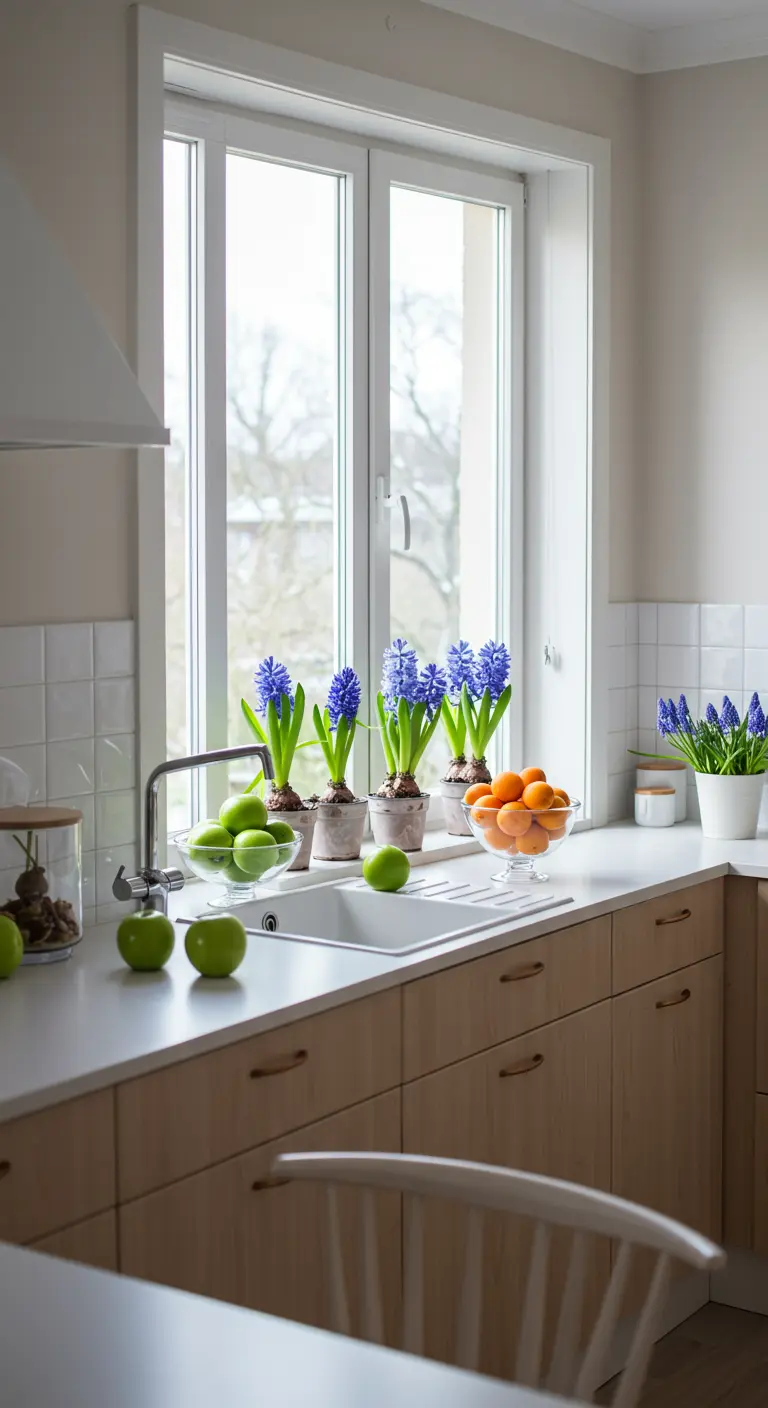 Fregadero de cocina con jacintos morados en macetas y fruta fresca.