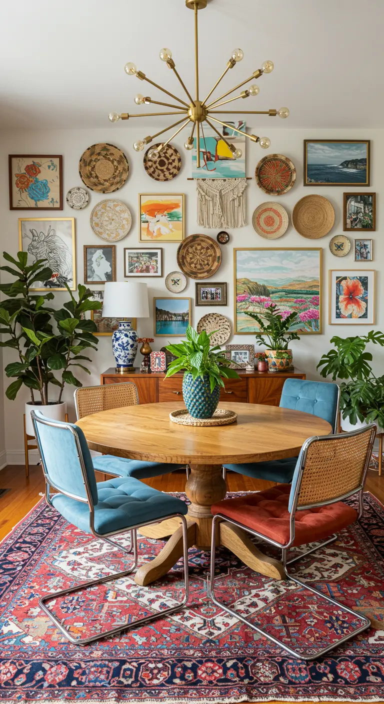 Pared de galería bohemia y ecléctica con cuadros, cestas de mimbre y macramé