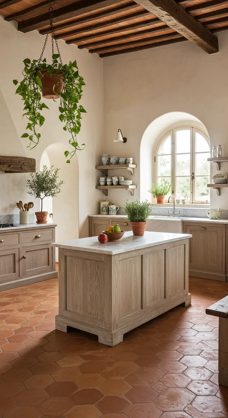 Cocina rústica con suelo de terracota hexagonal, vigas de madera y plantas colgantes.