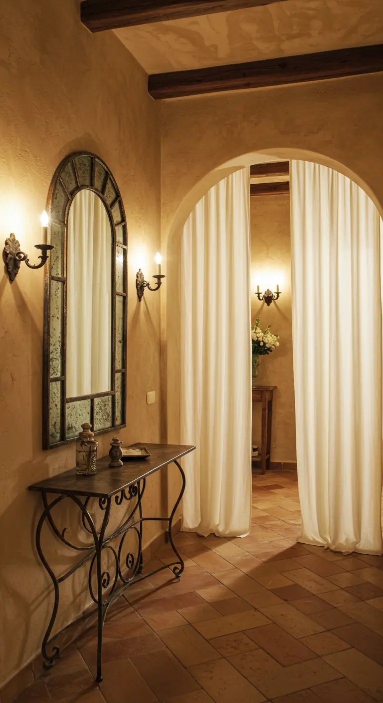Recibidor de estilo toscano con cortinas de lino en un arco, consola de forja y paredes cálidas.