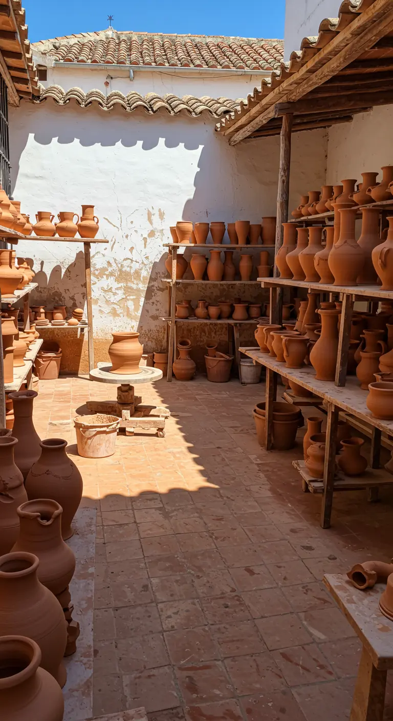 Taller de alfarería con estanterías de madera repletas de vasijas y macetas de barro