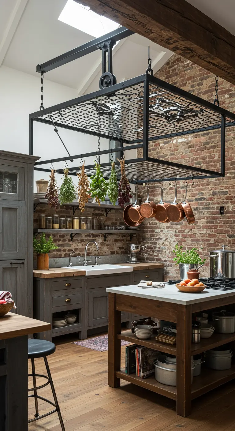 Cocina rústica con un gran soporte metálico negro para ollas colgando del techo con poleas