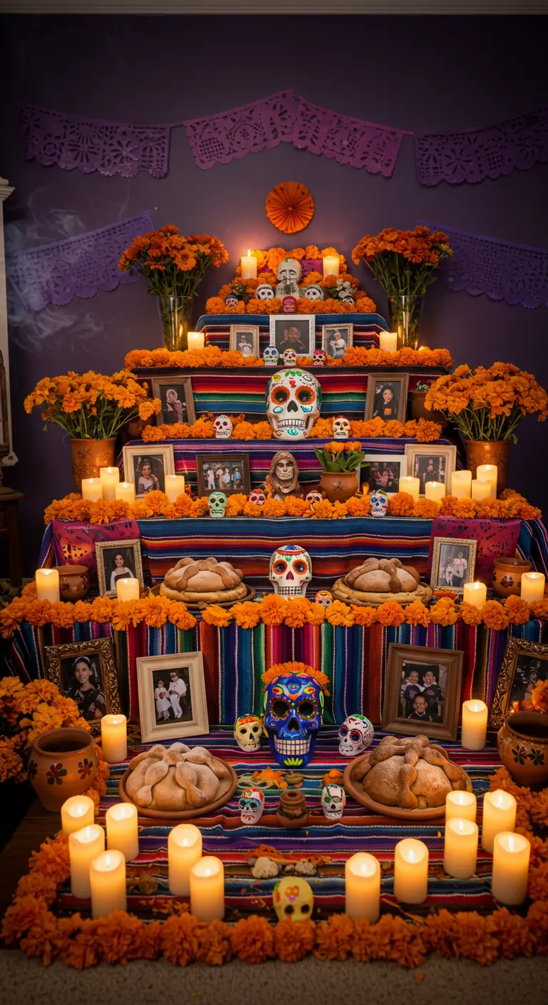 Altar tradicional de Día de Muertos de varios niveles con calaveras, fotos y flores de cempasúchil.