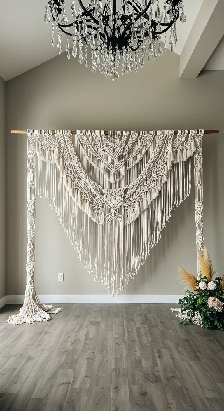 Enorme tapiz de macramé usado como arco de boda, con extensiones laterales que llegan al suelo.