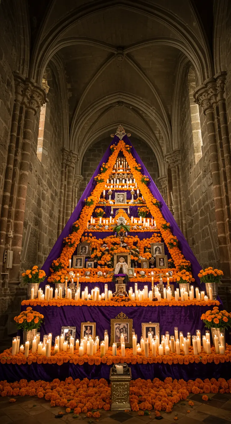 Majestuoso altar de muertos en forma de pirámide con tela morada, cempasúchil y cientos de velas.