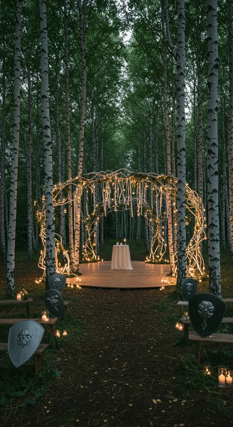 Altar de boda hecho con ramas entrelazadas y luces en un bosque de abedules.