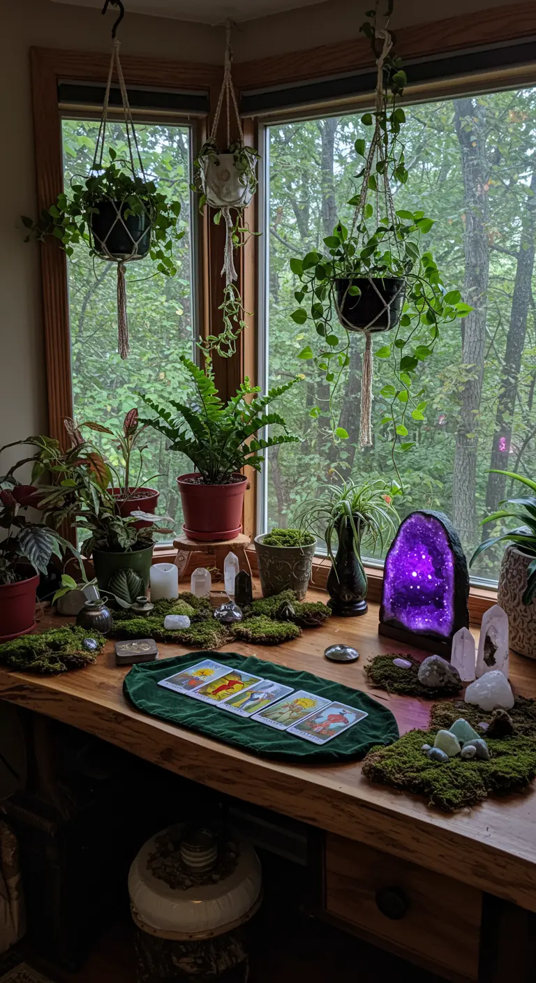 Escritorio de madera frente a una ventana, decorado con musgo, plantas y una geoda de amatista iluminada.