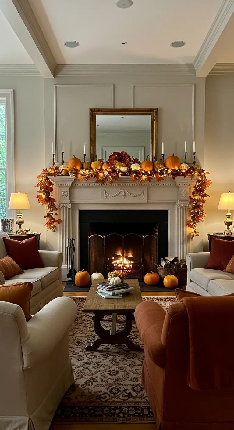 Chimenea clásica decorada con una guirnalda de hojas de otoño, calabazas y luces cálidas.