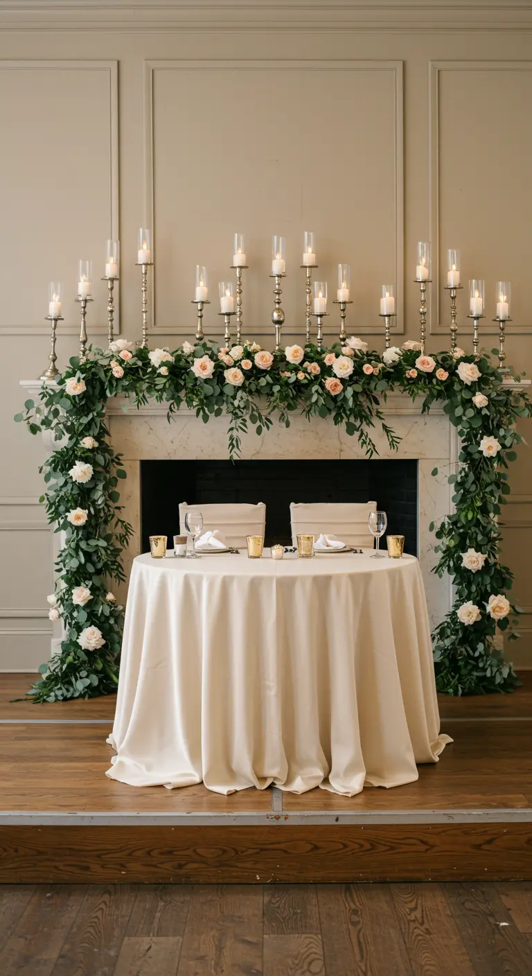 Mesa para dos frente a una chimenea decorada con una guirnalda floral y candelabros plateados.