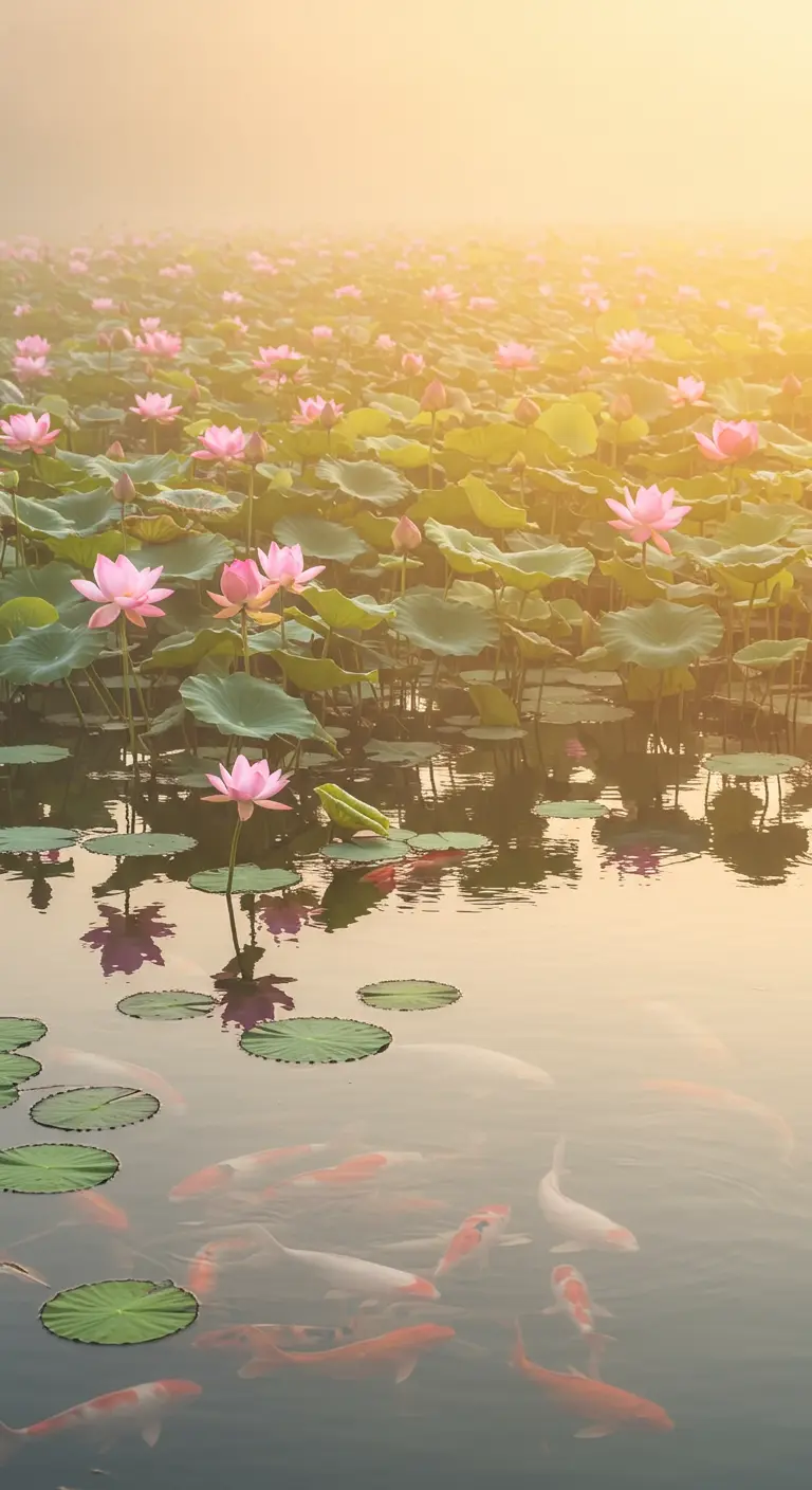 Estanque con peces koi y flores de loto rosadas bajo la cálida luz del amanecer.