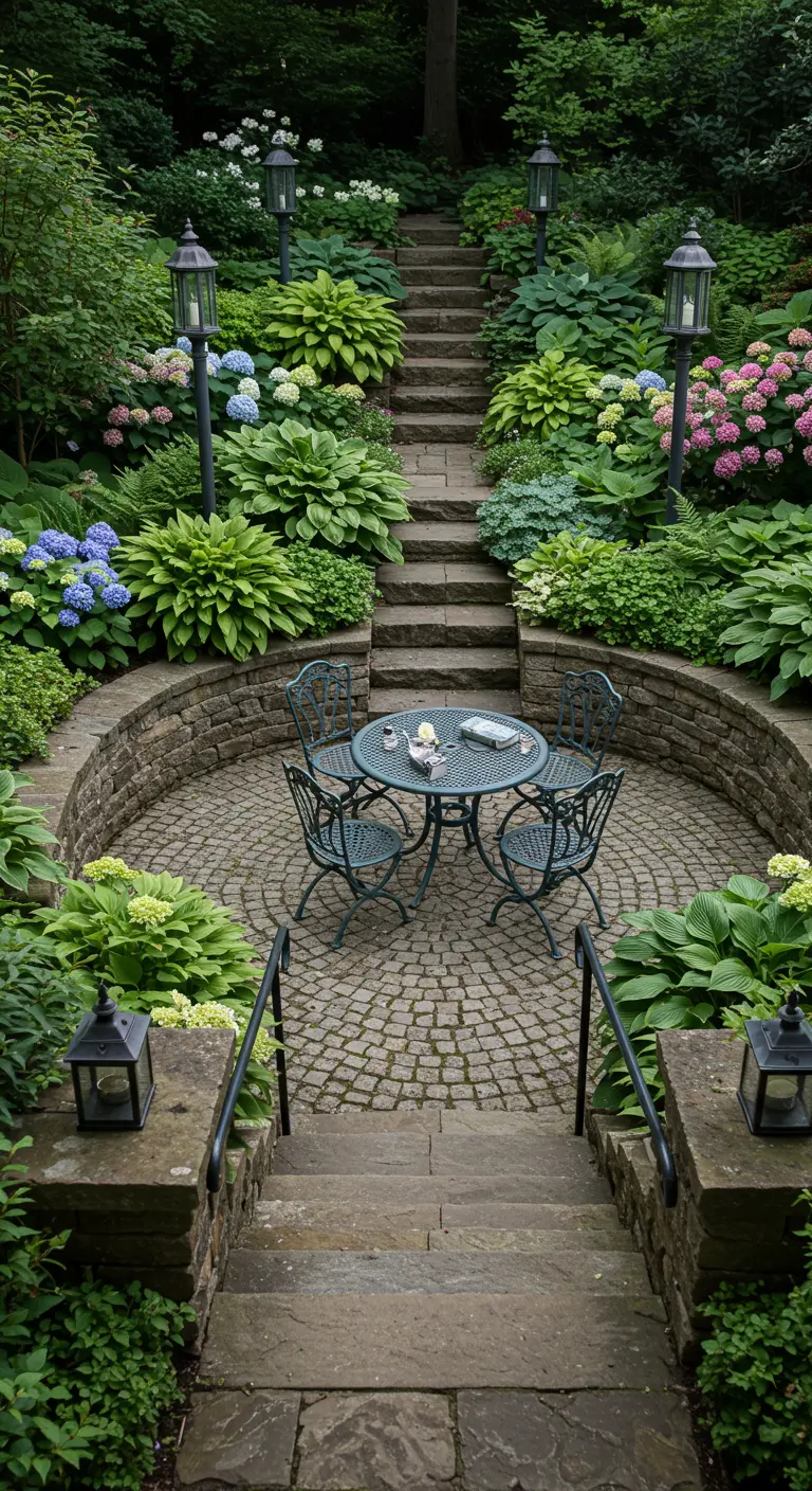 Patio circular de adoquines rodeado de escaleras de piedra, farolas y frondosas hortensias.