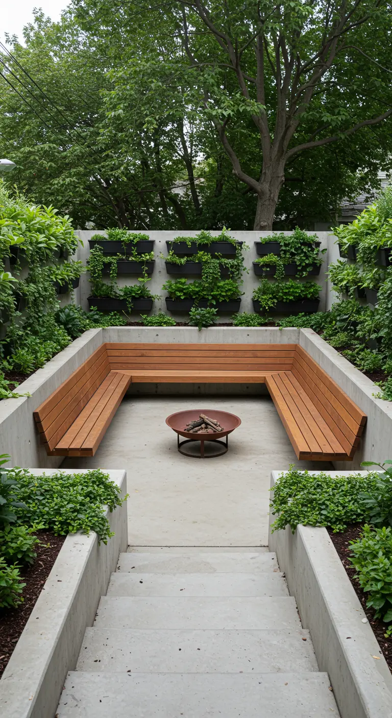 Patio hundido con bancos de madera en forma de U, fogón y jardineras integradas en los muros.