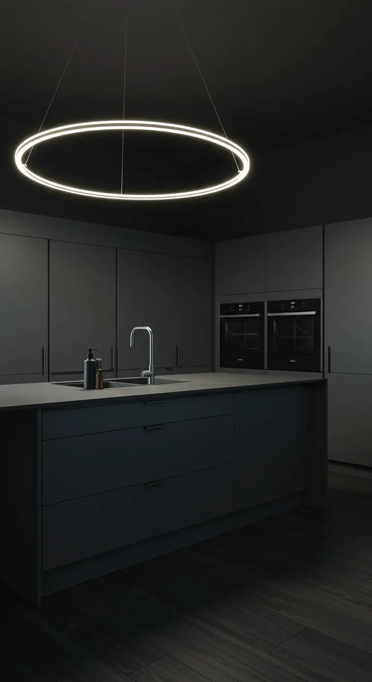 Cocina minimalista completamente negra con una lámpara colgante LED en forma de anillo sobre la isla.