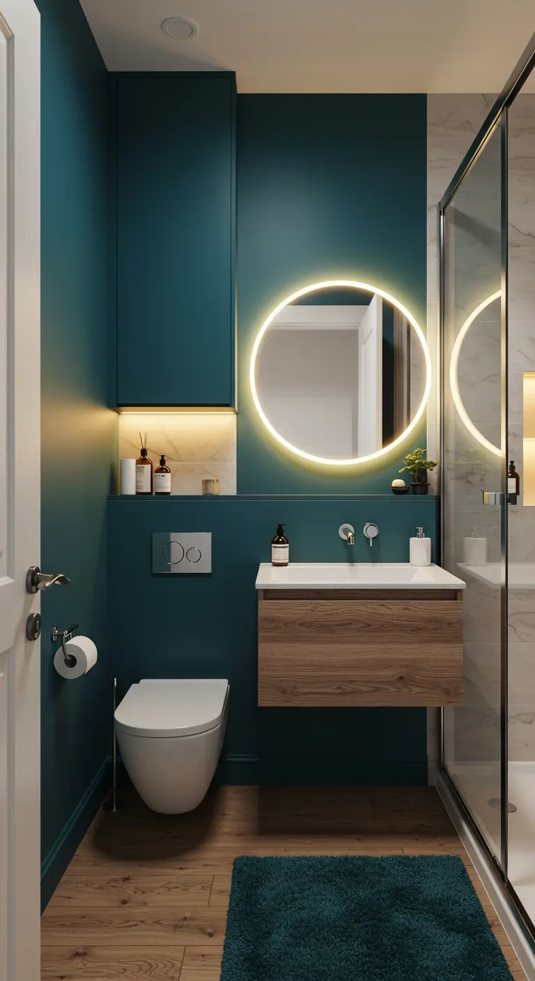 Baño moderno con paredes verde azulado y un gran espejo redondo con retroiluminación LED cálida.