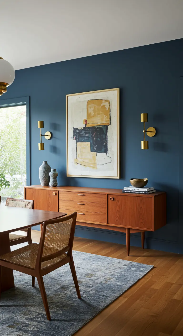 Aparador de madera de estilo Mid-Century flotando en una pared de color azul oscuro