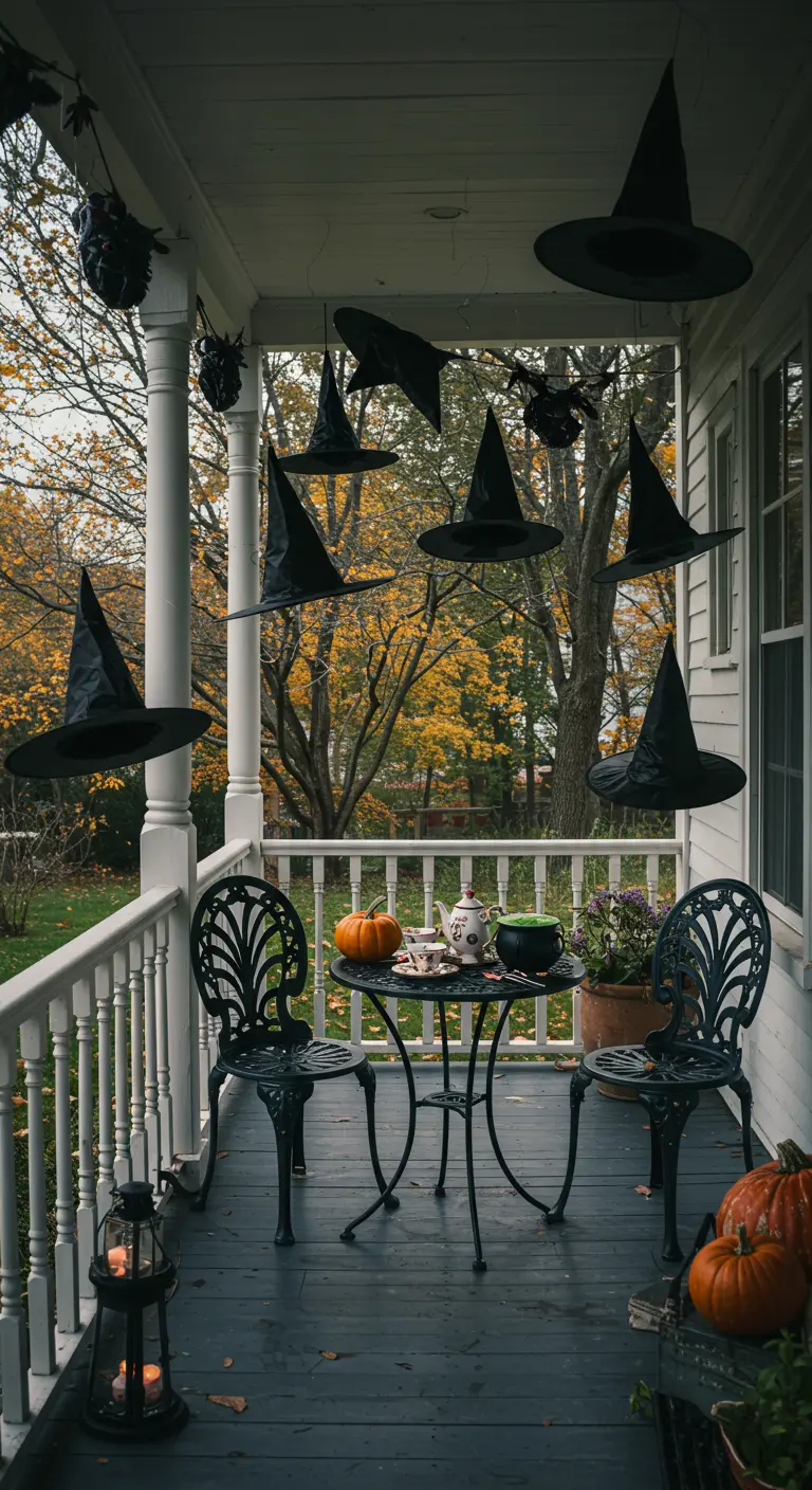 Porche con sombreros de bruja negros flotando sobre una mesa de té con calabazas.