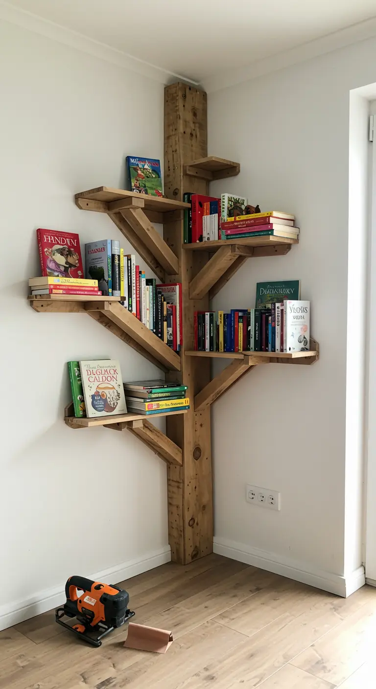Estantería de madera de pallet con forma de árbol, instalada en la esquina de una habitación.