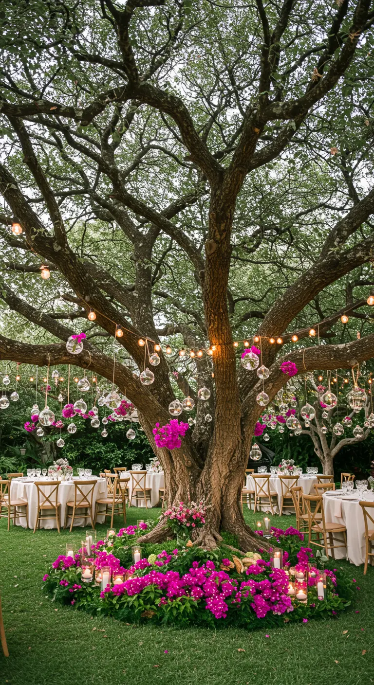 Gran árbol decorado con luces, esferas de cristal colgantes y flores de buganvilla.