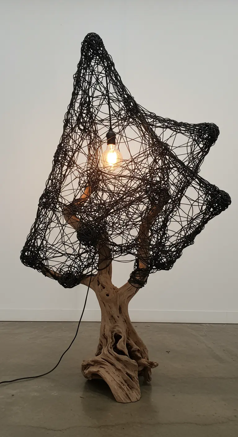 Lámpara escultural con base de raíz de árbol y pantalla de hilo negro enredado.