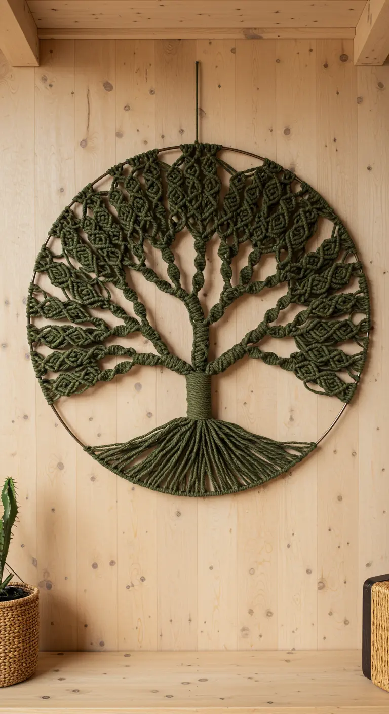 Tapiz de macramé en color verde oscuro con el diseño de un Árbol de la Vida dentro de un aro metálico.
