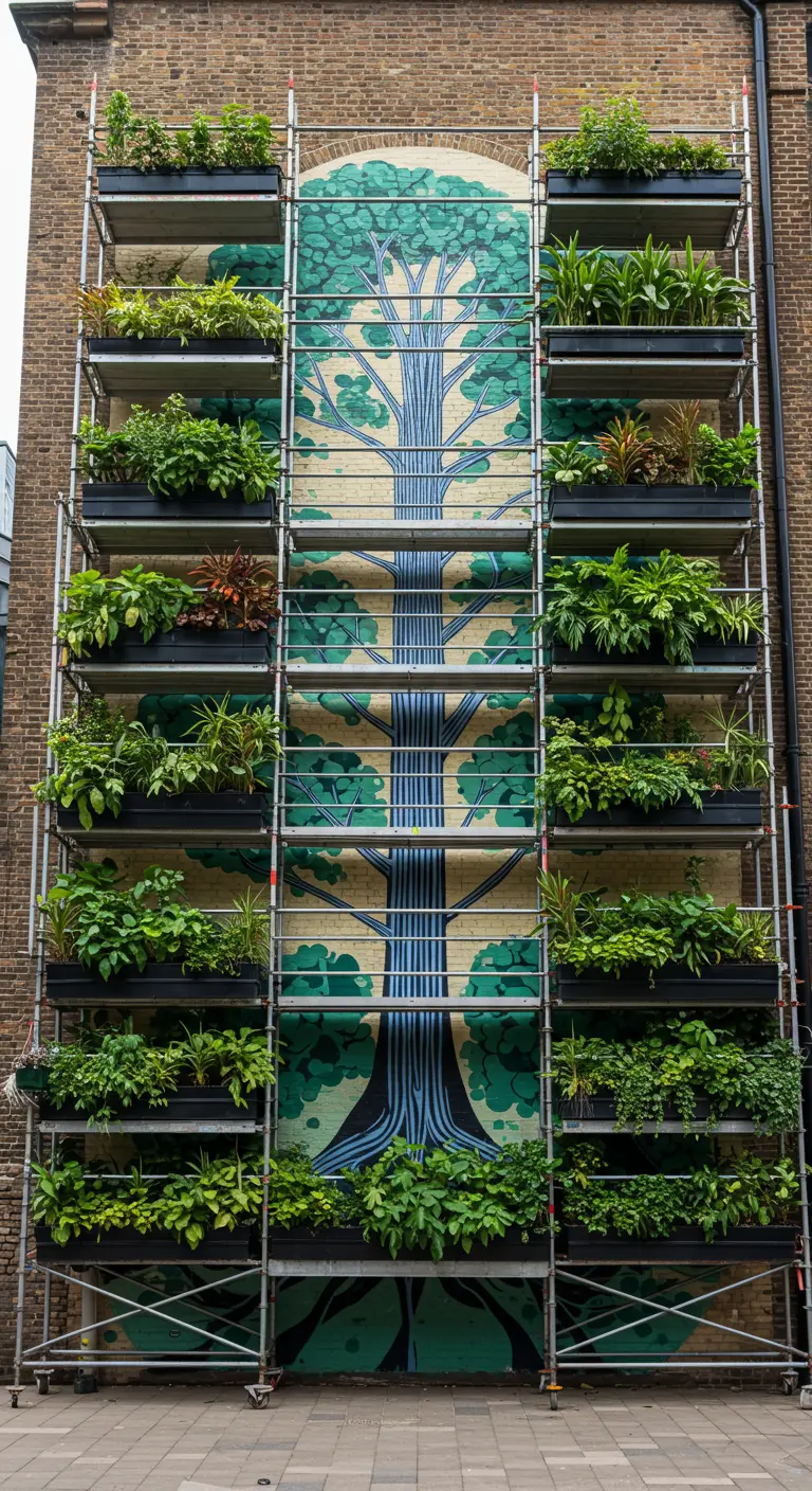 Fachada de un edificio con un mural de un árbol y un andamio superpuesto con múltiples niveles de jardineras.