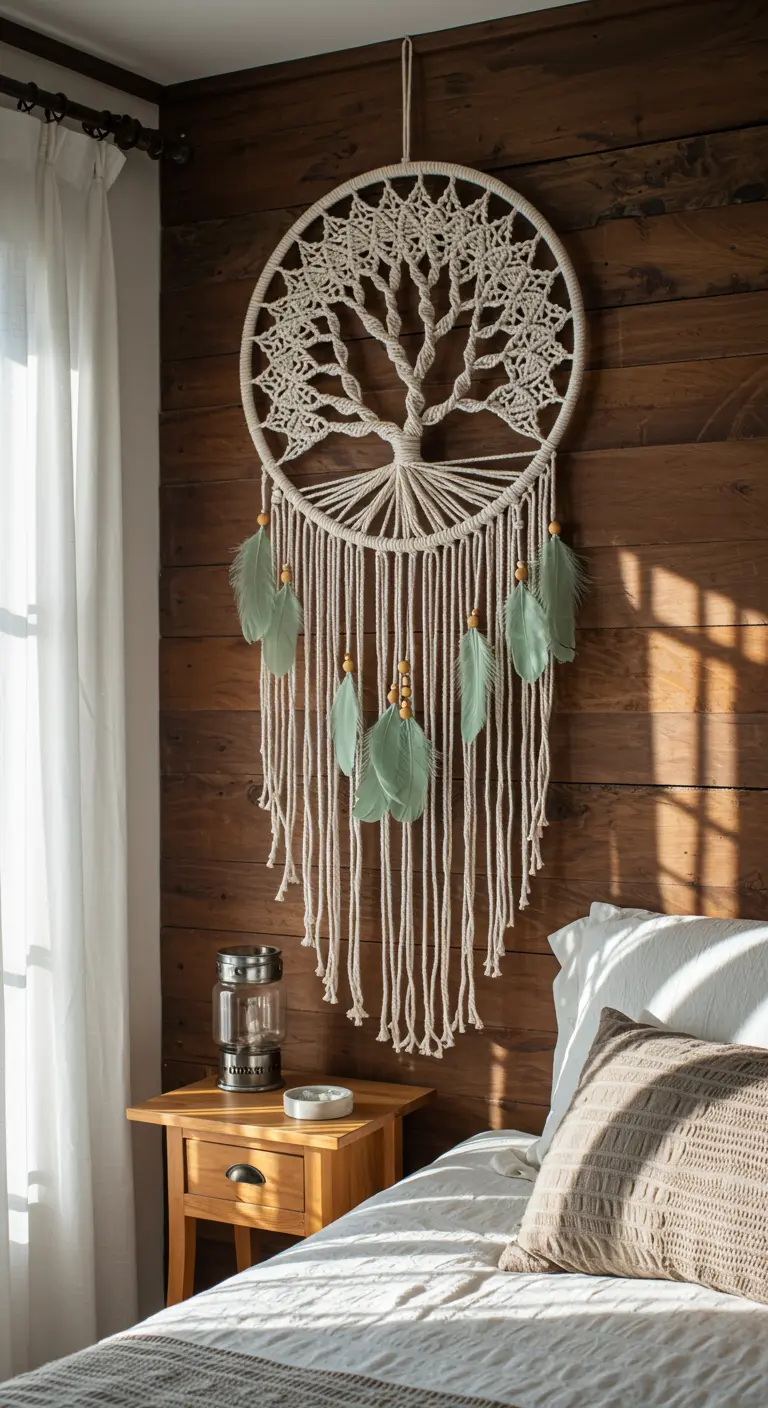 Atrapasueños de macramé con diseño de Árbol de la Vida y plumas verdes junto a una cama.
