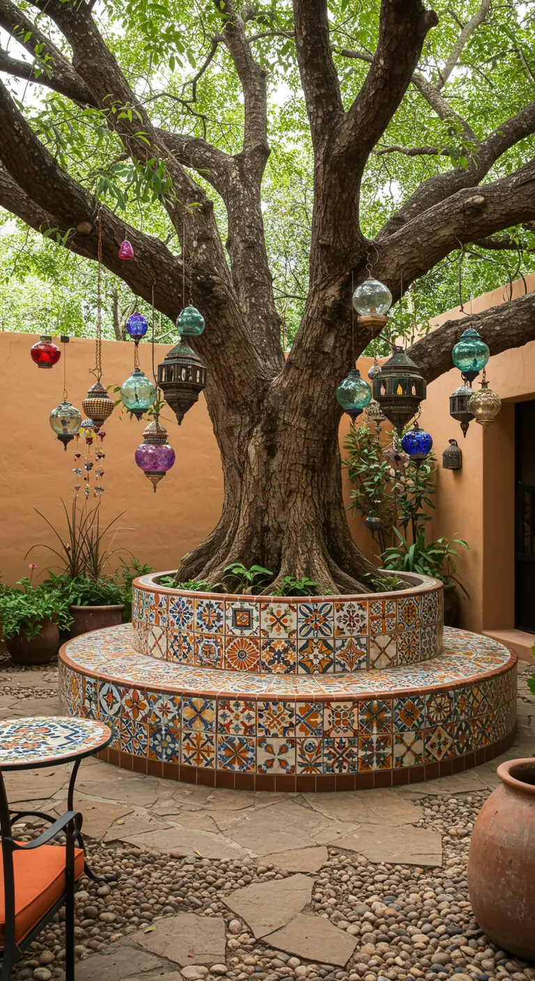 Gran árbol en un patio con un banco circular de talavera y farolillos de colores colgando.