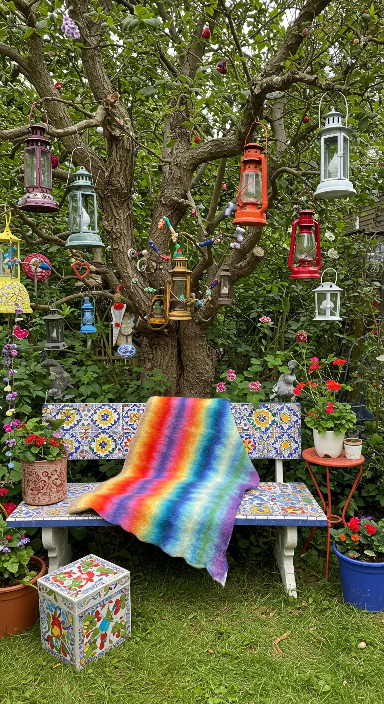 Árbol frondoso decorado con muchos faroles de colores vivos y un banco con una manta arcoíris.