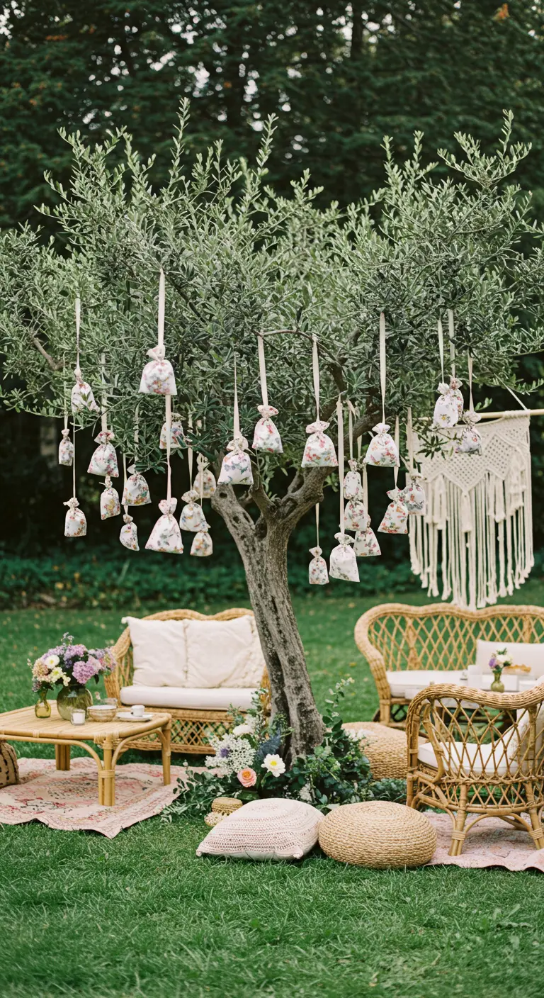 Bolsitas de lavanda con estampado floral colgando de las ramas de un olivo en un jardín.