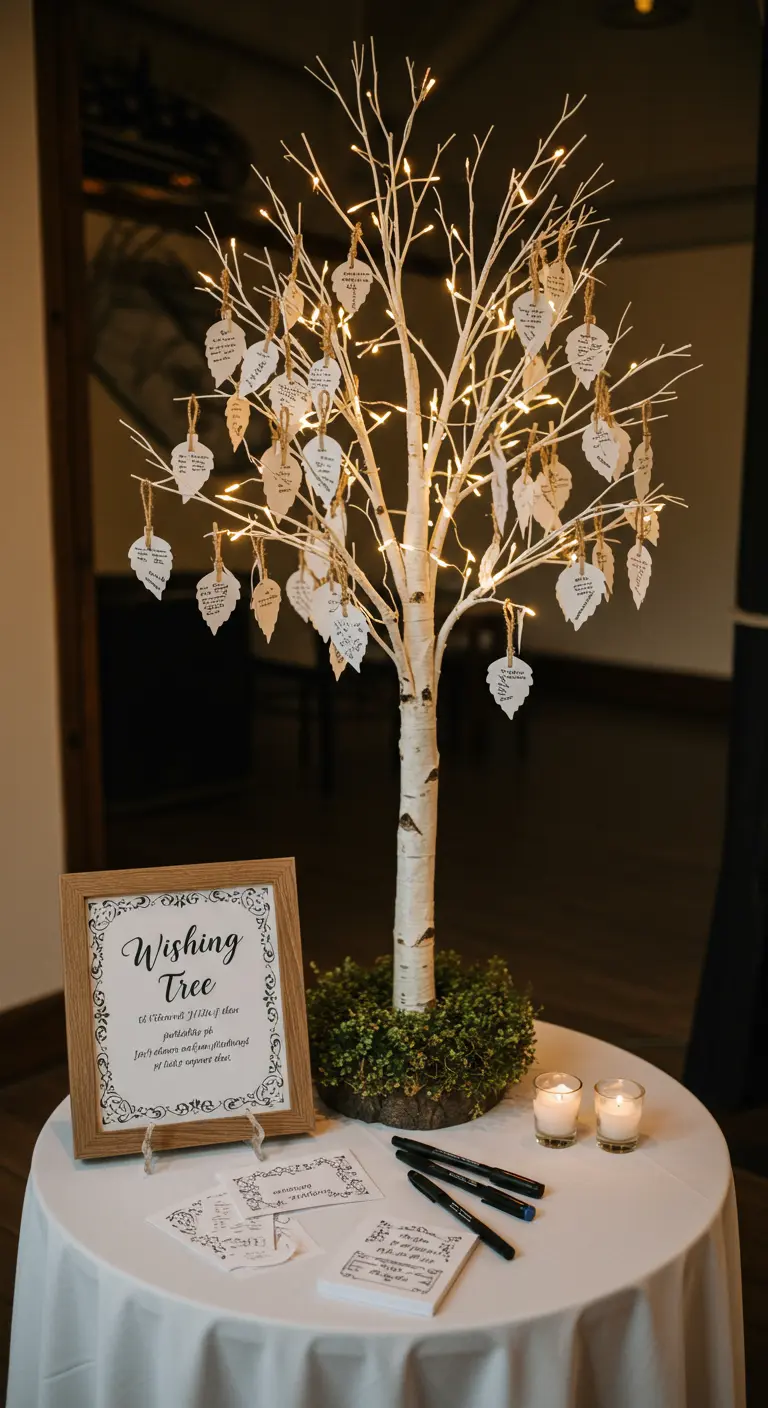 Pequeño árbol de abedul iluminado con luces y etiquetas de deseos escritas a mano.